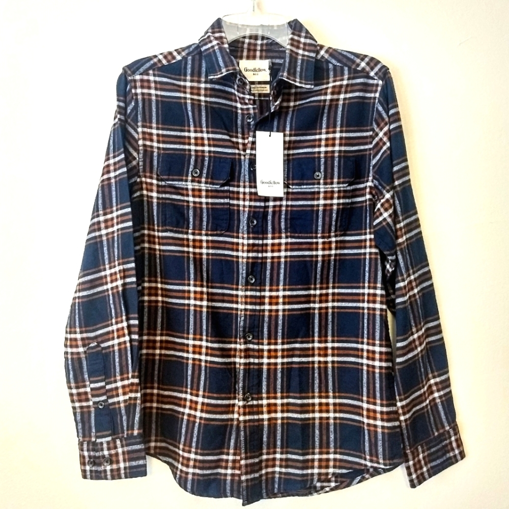 Goodfellow Standard Navy Blue & Orange Plaid Shirt
